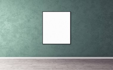 Duvarında ince çerçeve olan beyaz boş poster. Tasarım önizlemeniz için boş maket. Sunum için iyi kullanım.