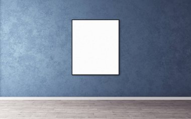Duvarında ince çerçeve olan beyaz boş poster. Tasarım önizlemeniz için boş maket. Sunum için iyi kullanım.