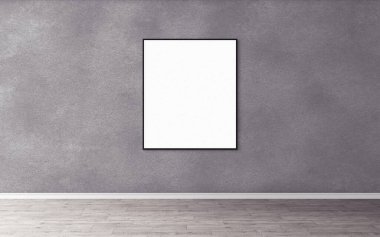 Duvarında ince çerçeve olan beyaz boş poster. Tasarım önizlemeniz için boş maket. Sunum için iyi kullanım.