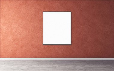 Duvarında ince çerçeve olan beyaz boş poster. Tasarım önizlemeniz için boş maket. Sunum için iyi kullanım.