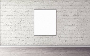 Duvarında ince çerçeve olan beyaz boş poster. Tasarım önizlemeniz için boş maket. Sunum için iyi kullanım.