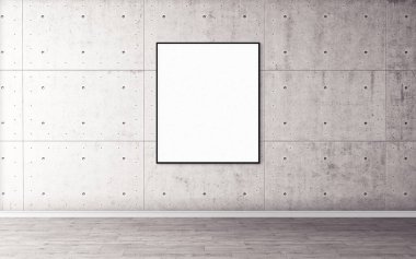 Duvarında ince çerçeve olan beyaz boş poster. Tasarım önizlemeniz için boş maket. Sunum için iyi kullanım.