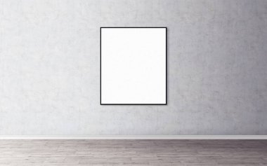 Duvarında ince çerçeve olan beyaz boş poster. Tasarım önizlemeniz için boş maket. Sunum için iyi kullanım.
