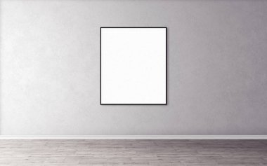 Duvarında ince çerçeve olan beyaz boş poster. Tasarım önizlemeniz için boş maket. Sunum için iyi kullanım.
