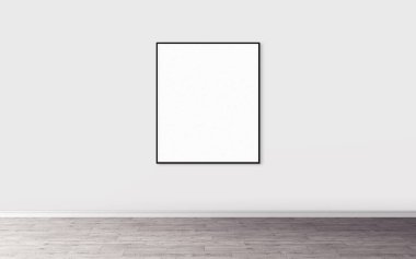 Duvarında ince çerçeve olan beyaz boş poster. Tasarım önizlemeniz için boş maket. Sunum için iyi kullanım.