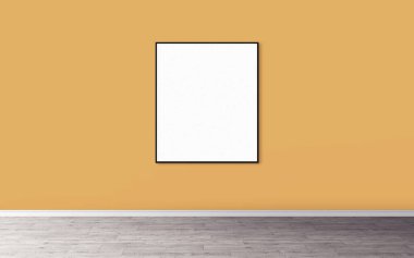 Duvarında ince çerçeve olan beyaz boş poster. Tasarım önizlemeniz için boş maket. Sunum için iyi kullanım.