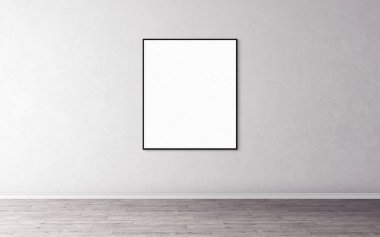Duvarında ince çerçeve olan beyaz boş poster. Tasarım önizlemeniz için boş maket. Sunum için iyi kullanım.