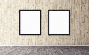 Duvarında çerçeve olan beyaz posterler. Tasarım ön gösterimi için hazırlan. Reklam malzemeleri için iyi bir kullanım.