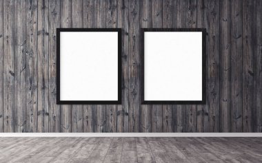 Duvarında çerçeve olan beyaz posterler. Tasarım ön gösterimi için hazırlan. Reklam malzemeleri için iyi bir kullanım.