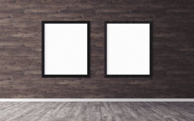 Duvarında çerçeve olan beyaz posterler. Tasarım ön gösterimi için hazırlan. Reklam malzemeleri için iyi bir kullanım.