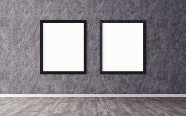 Duvarında çerçeve olan beyaz posterler. Tasarım ön gösterimi için hazırlan. Reklam malzemeleri için iyi bir kullanım.