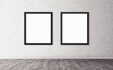 Duvarında çerçeve olan beyaz posterler. Tasarım ön gösterimi için hazırlan. Reklam malzemeleri için iyi bir kullanım.