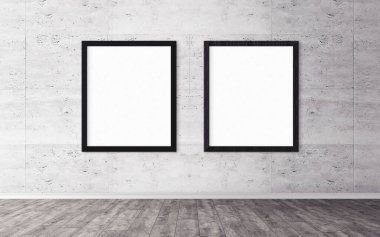 Duvarında çerçeve olan beyaz posterler. Tasarım ön gösterimi için hazırlan. Reklam malzemeleri için iyi bir kullanım.
