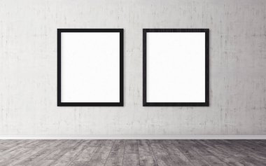 Duvarında çerçeve olan beyaz posterler. Tasarım ön gösterimi için hazırlan. Reklam malzemeleri için iyi bir kullanım.