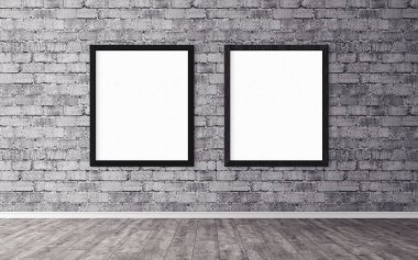 Duvarında çerçeve olan beyaz posterler. Tasarım ön gösterimi için hazırlan. Reklam malzemeleri için iyi bir kullanım.
