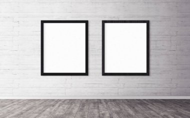 Duvarında çerçeve olan beyaz posterler. Tasarım ön gösterimi için hazırlan. Reklam malzemeleri için iyi bir kullanım.