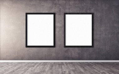 Duvarında çerçeve olan beyaz posterler. Tasarım ön gösterimi için hazırlan. Reklam malzemeleri için iyi bir kullanım.