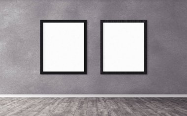 Duvarında çerçeve olan beyaz posterler. Tasarım ön gösterimi için hazırlan. Reklam malzemeleri için iyi bir kullanım.