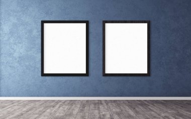 Duvarında çerçeve olan beyaz posterler. Tasarım ön gösterimi için hazırlan. Reklam malzemeleri için iyi bir kullanım.