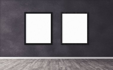 Duvarında çerçeve olan beyaz posterler. Tasarım ön gösterimi için hazırlan. Reklam malzemeleri için iyi bir kullanım.