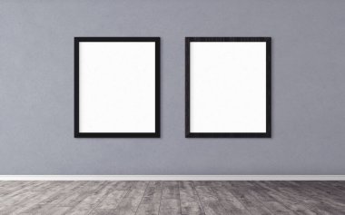 Duvarında çerçeve olan beyaz posterler. Tasarım ön gösterimi için hazırlan. Reklam malzemeleri için iyi bir kullanım.