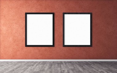 Duvarında çerçeve olan beyaz posterler. Tasarım ön gösterimi için hazırlan. Reklam malzemeleri için iyi bir kullanım.