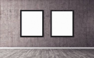 Duvarında çerçeve olan beyaz posterler. Tasarım ön gösterimi için hazırlan. Reklam malzemeleri için iyi bir kullanım.