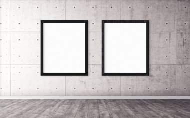 Duvarında çerçeve olan beyaz posterler. Tasarım ön gösterimi için hazırlan. Reklam malzemeleri için iyi bir kullanım.