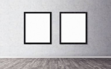 Duvarında çerçeve olan beyaz posterler. Tasarım ön gösterimi için hazırlan. Reklam malzemeleri için iyi bir kullanım.