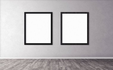 Duvarında çerçeve olan beyaz posterler. Tasarım ön gösterimi için hazırlan. Reklam malzemeleri için iyi bir kullanım.