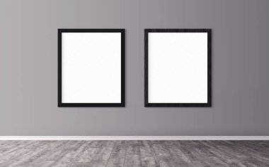 Duvarında çerçeve olan beyaz posterler. Tasarım ön gösterimi için hazırlan. Reklam malzemeleri için iyi bir kullanım.