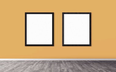 Duvarında çerçeve olan beyaz posterler. Tasarım ön gösterimi için hazırlan. Reklam malzemeleri için iyi bir kullanım.