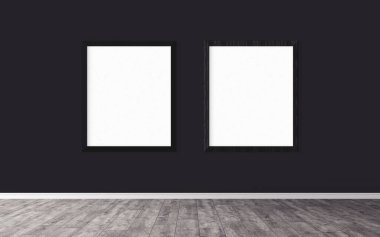 Duvarında çerçeve olan beyaz posterler. Tasarım ön gösterimi için hazırlan. Reklam malzemeleri için iyi bir kullanım.