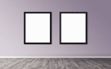 Duvarında çerçeve olan beyaz posterler. Tasarım ön gösterimi için hazırlan. Reklam malzemeleri için iyi bir kullanım.