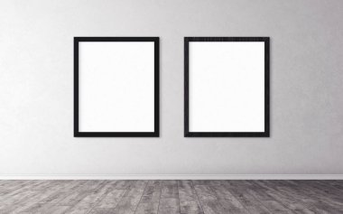Duvarında çerçeve olan beyaz posterler. Tasarım ön gösterimi için hazırlan. Reklam malzemeleri için iyi bir kullanım.