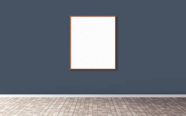 Duvarında çerçeve olan beyaz boş bir poster. Ön gösterim için boş maket. Sunum için iyi kullanım.