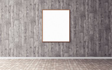 Duvarında çerçeve olan beyaz boş bir poster. Ön gösterim için boş maket. Sunum için iyi kullanım.