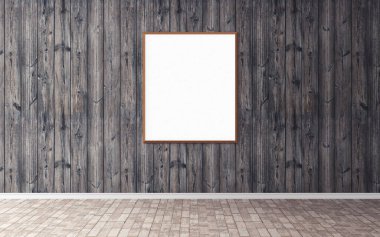 Duvarında çerçeve olan beyaz boş bir poster. Ön gösterim için boş maket. Sunum için iyi kullanım.