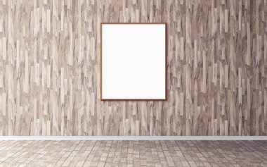 Duvarında çerçeve olan beyaz boş bir poster. Ön gösterim için boş maket. Sunum için iyi kullanım.