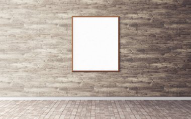 Duvarında çerçeve olan beyaz boş bir poster. Ön gösterim için boş maket. Sunum için iyi kullanım.