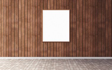 Duvarında çerçeve olan beyaz boş bir poster. Ön gösterim için boş maket. Sunum için iyi kullanım.