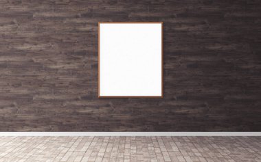 Duvarında çerçeve olan beyaz boş bir poster. Ön gösterim için boş maket. Sunum için iyi kullanım.
