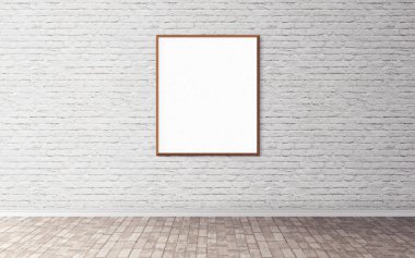 Duvarında çerçeve olan beyaz boş bir poster. Ön gösterim için boş maket. Sunum için iyi kullanım.