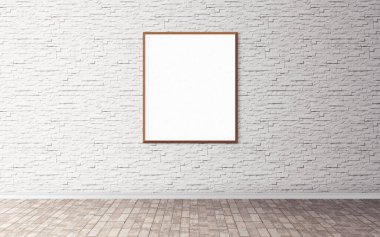 Duvarında çerçeve olan beyaz boş bir poster. Ön gösterim için boş maket. Sunum için iyi kullanım.