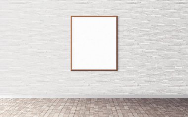 Duvarında çerçeve olan beyaz boş bir poster. Ön gösterim için boş maket. Sunum için iyi kullanım.