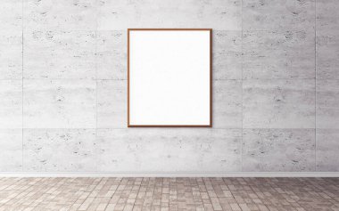 Duvarında çerçeve olan beyaz boş bir poster. Ön gösterim için boş maket. Sunum için iyi kullanım.