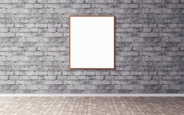 Duvarında çerçeve olan beyaz boş bir poster. Ön gösterim için boş maket. Sunum için iyi kullanım.