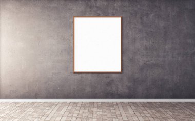 Duvarında çerçeve olan beyaz boş bir poster. Ön gösterim için boş maket. Sunum için iyi kullanım.