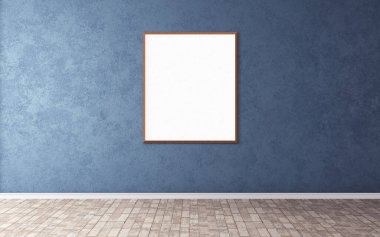Duvarında çerçeve olan beyaz boş bir poster. Ön gösterim için boş maket. Sunum için iyi kullanım.