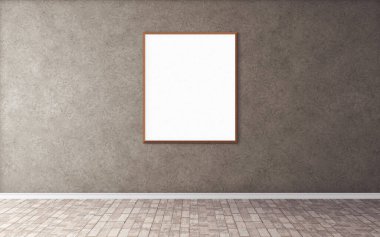 Duvarında çerçeve olan beyaz boş bir poster. Ön gösterim için boş maket. Sunum için iyi kullanım.